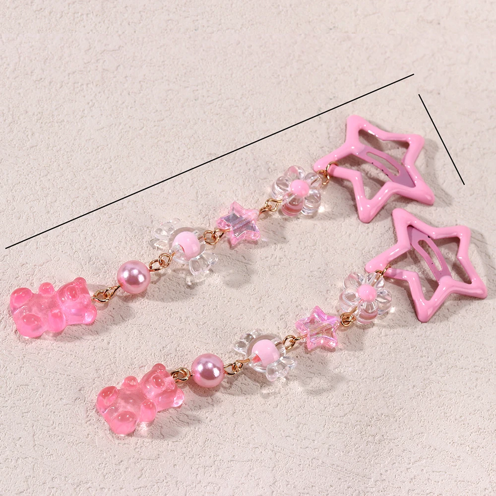 2Pcs Y2k Star Hair Clip Sweet Mini Flower Candy Plastic Bear Crystal Pendant Hairpin Headwear For Girl Metal Barrette Accesories