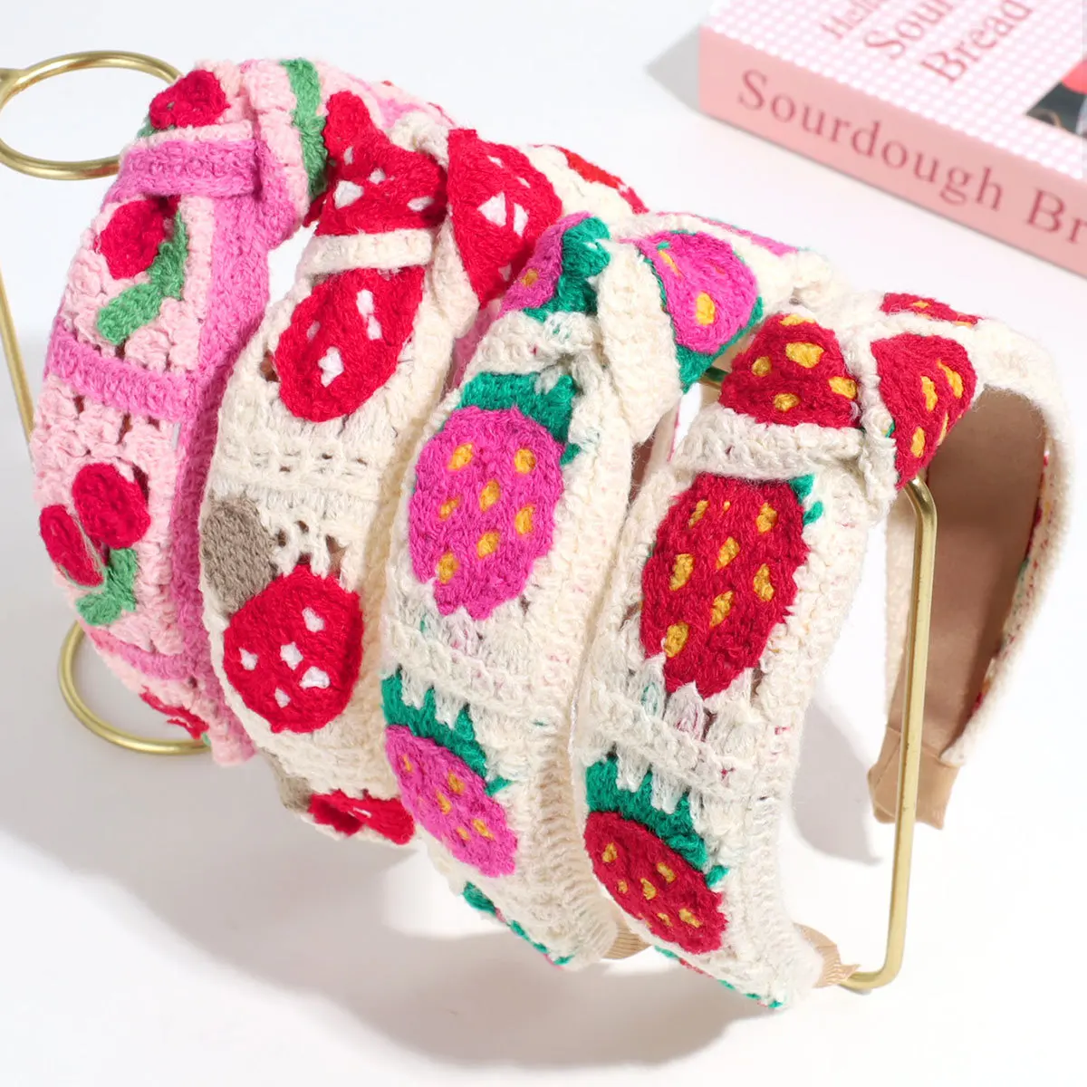 Bohemian Sweet Knitted Flowers With Wide-Brimmed Knotted Headbands, Cute Strawberry Temperament Headbands Pressed Hair
