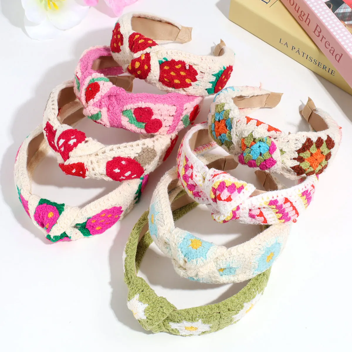 Bohemian Sweet Knitted Flowers With Wide-Brimmed Knotted Headbands, Cute Strawberry Temperament Headbands Pressed Hair