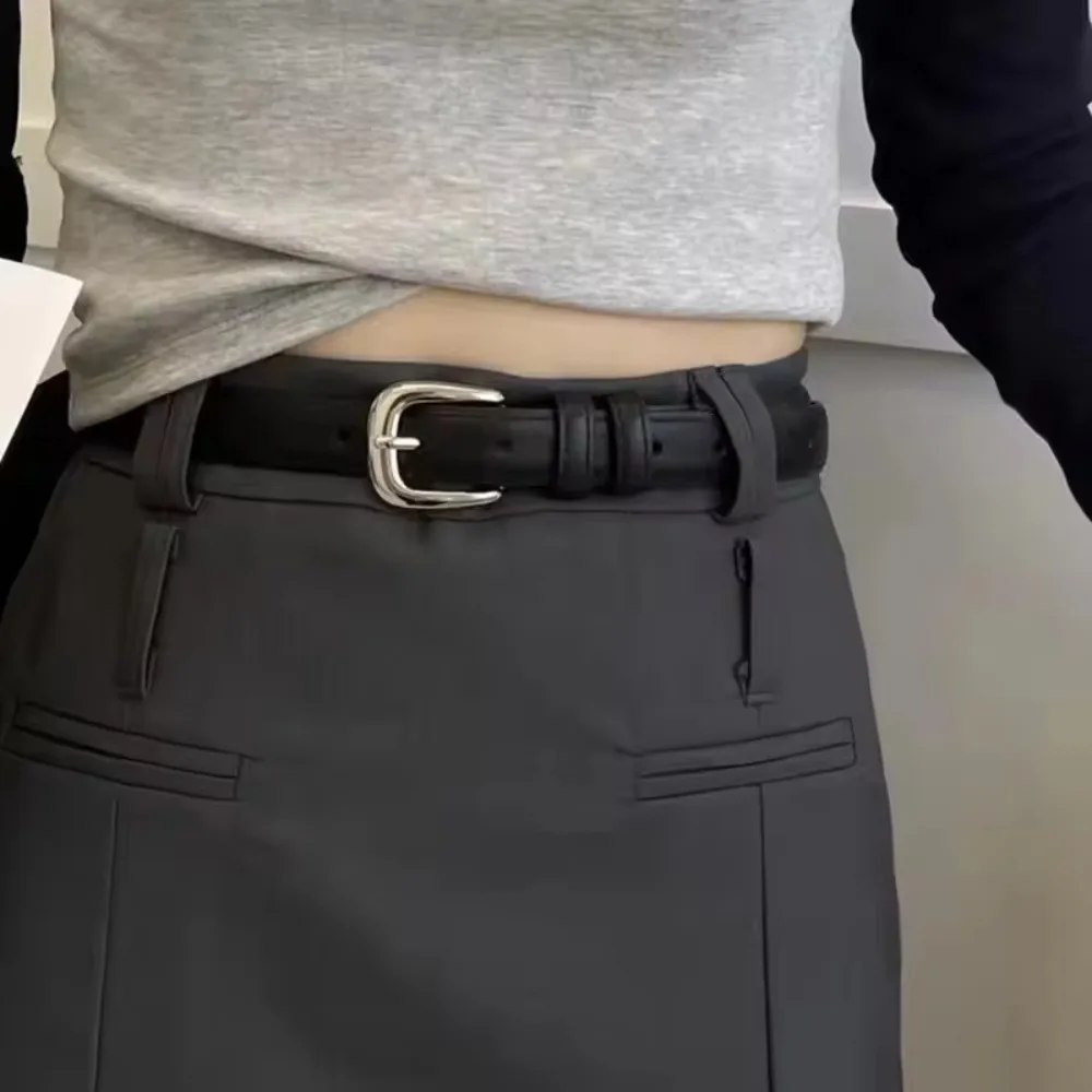 Women's Belt Fashion Pin Buckle Thin Belt Genuine Luxury Soft Belt Women with Cargo Pants Jeans Belts Black PU Leather Belt