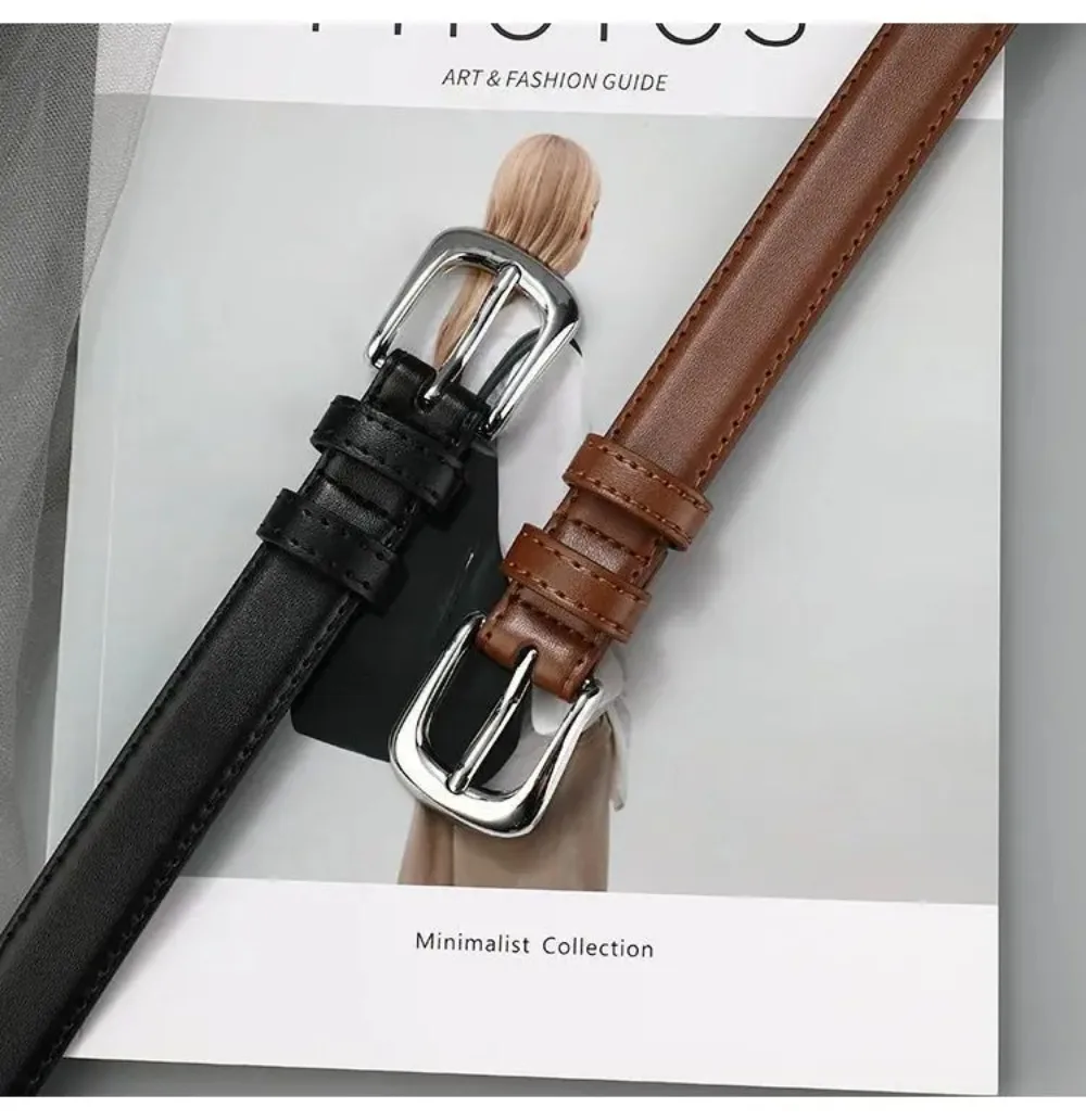 Women's Belt Fashion Pin Buckle Thin Belt Genuine Luxury Soft Belt Women with Cargo Pants Jeans Belts Black PU Leather Belt