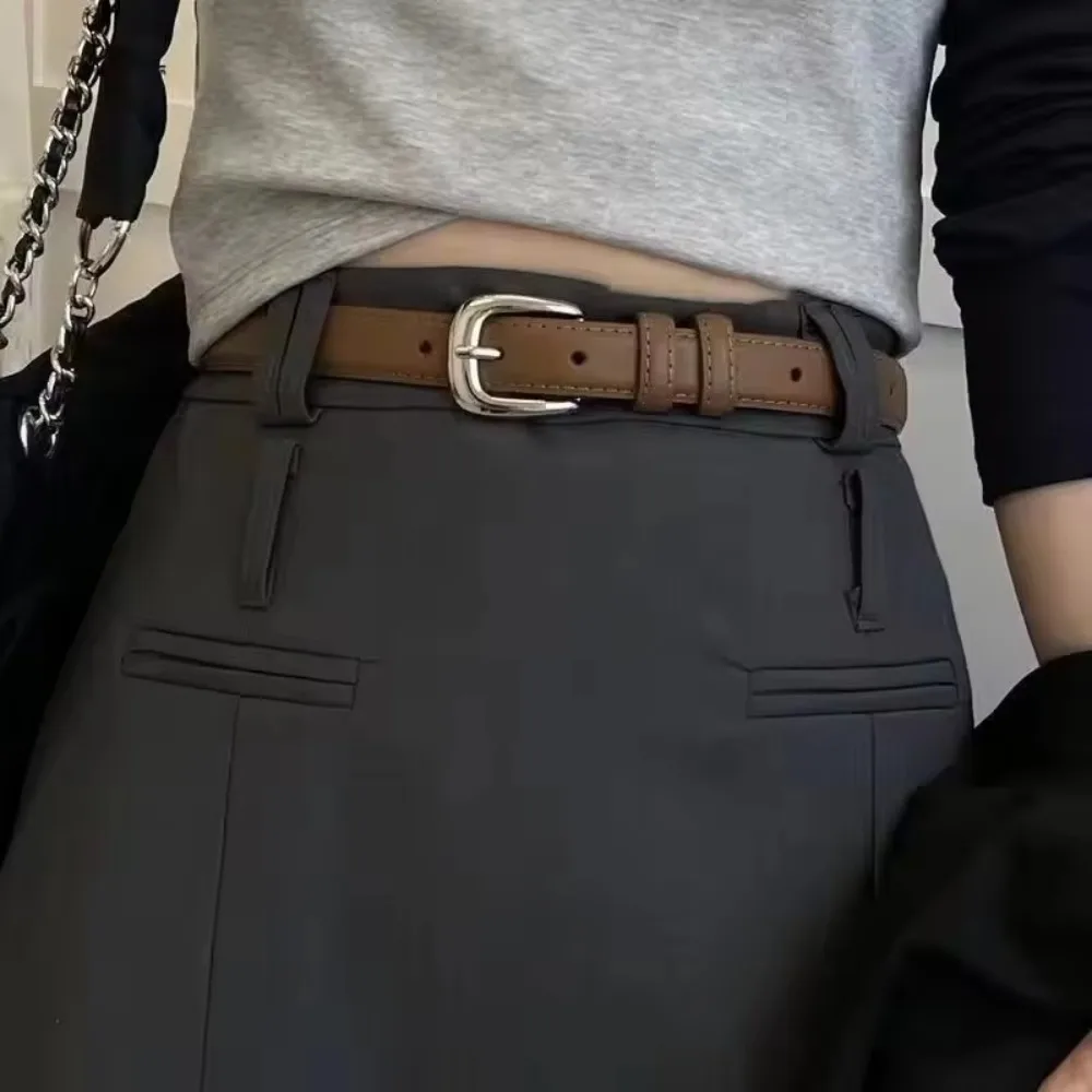 Women's Belt Fashion Pin Buckle Thin Belt Genuine Luxury Soft Belt Women with Cargo Pants Jeans Belts Black PU Leather Belt