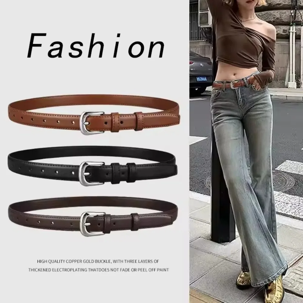 Women's Belt Fashion Pin Buckle Thin Belt Genuine Luxury Soft Belt Women with Cargo Pants Jeans Belts Black PU Leather Belt
