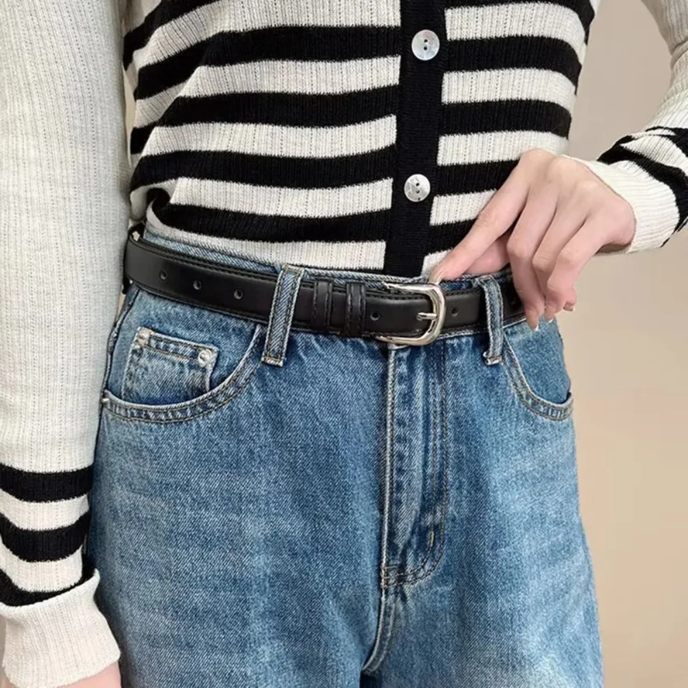 Women's Belt Fashion Pin Buckle Thin Belt Genuine Luxury Soft Belt Women with Cargo Pants Jeans Belts Black PU Leather Belt