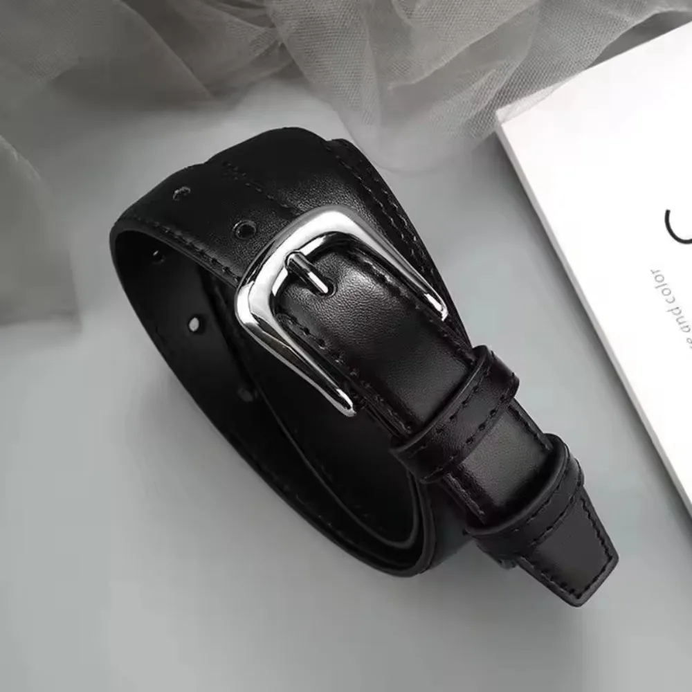 Women's Belt Fashion Pin Buckle Thin Belt Genuine Luxury Soft Belt Women with Cargo Pants Jeans Belts Black PU Leather Belt