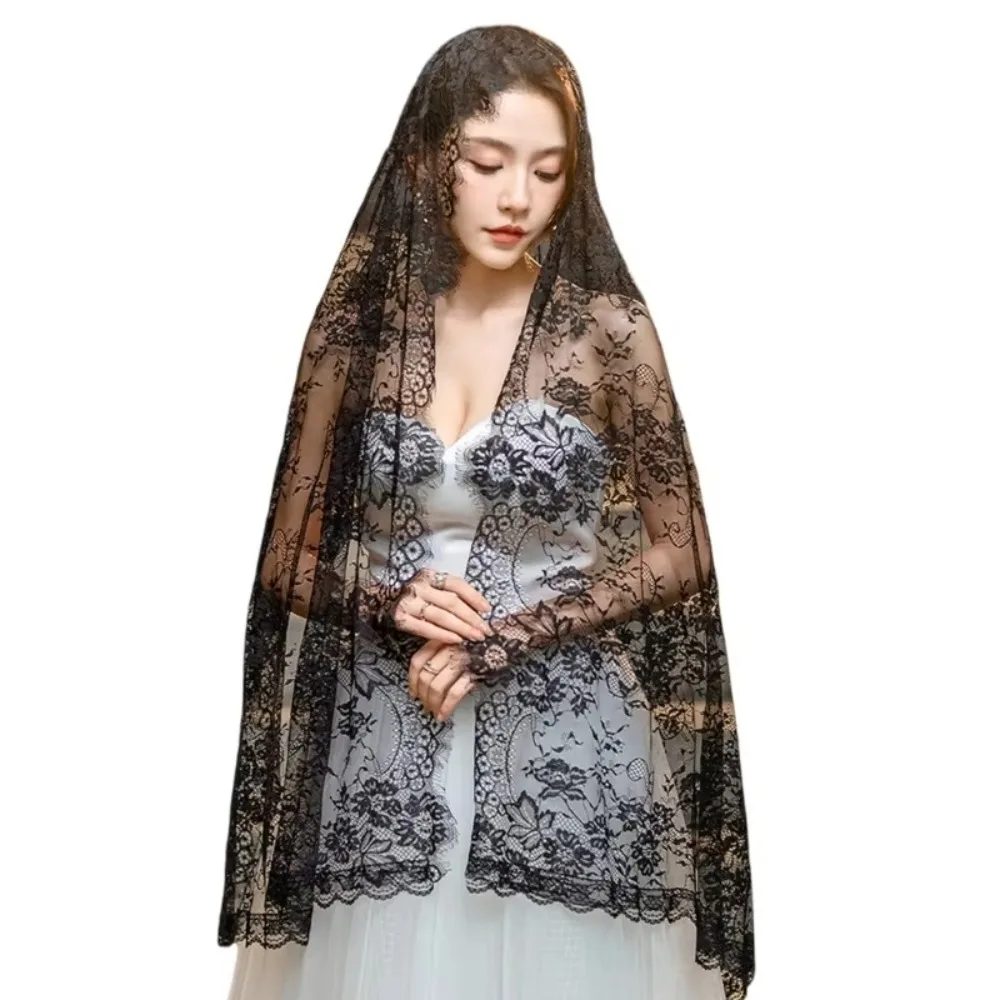 Elegant Lace Women Shawl Black Long Wedding Veils Flower Bride Head Covering Mantilla