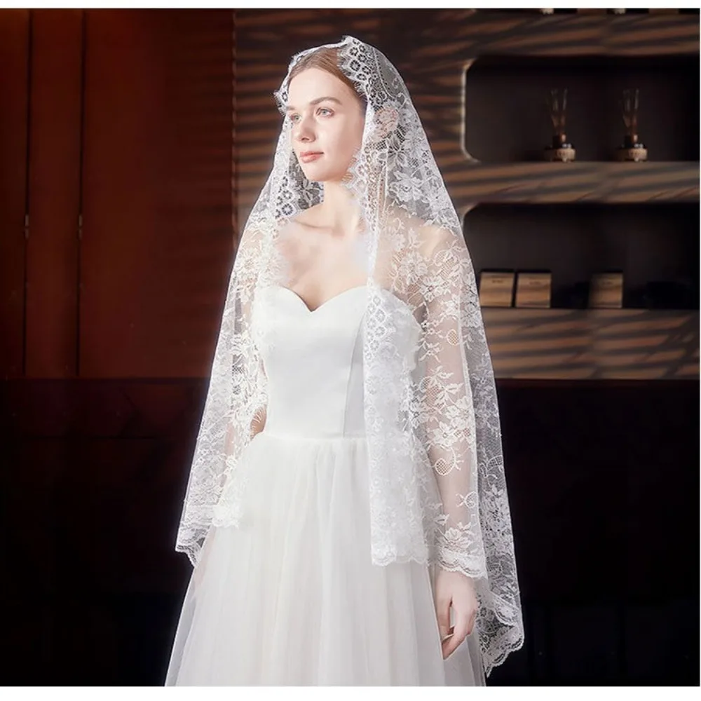 Elegant Lace Women Shawl Black Long Wedding Veils Flower Bride Head Covering Mantilla