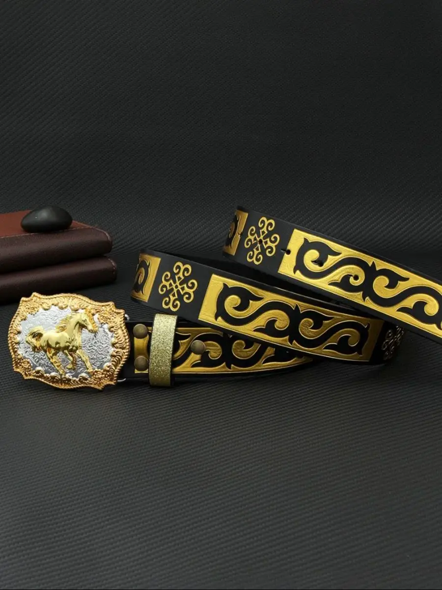 1 piece of street style trendy men's belt, horse shaped buckle, youth belt, retro printed gold flower personalized versatile jea