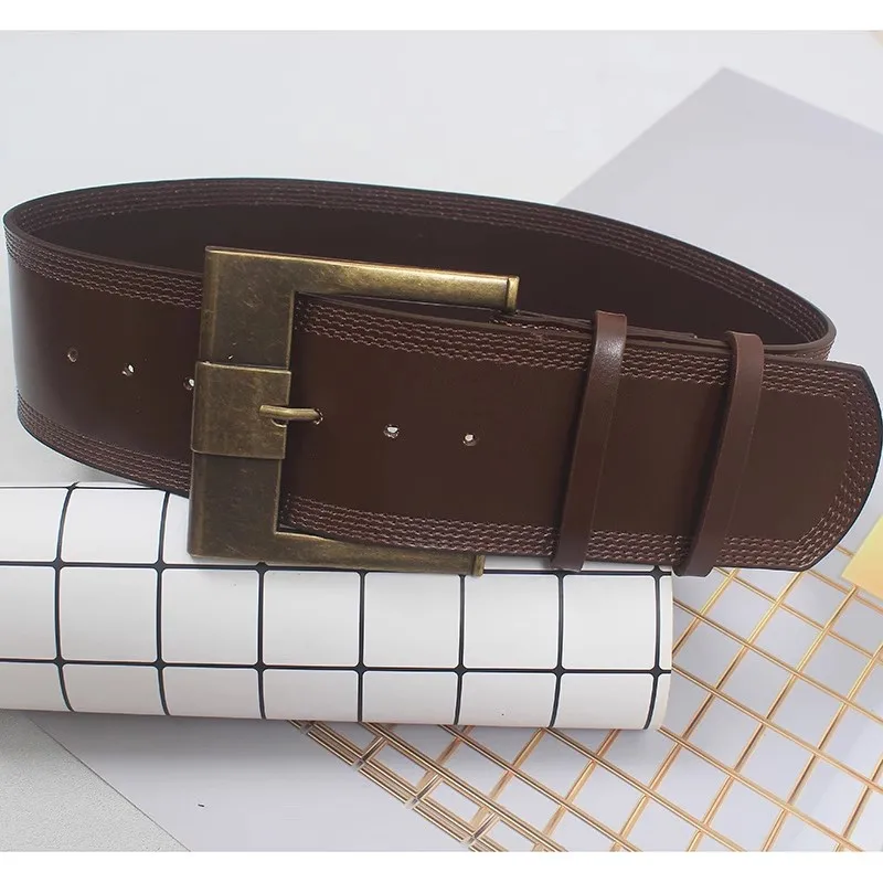 Wholesale Vintage Gold Silver Square Buckle Wide Cowhide Waist Belt for Women Plain Black Coffee Real Cow Leather Ceinture Femme
