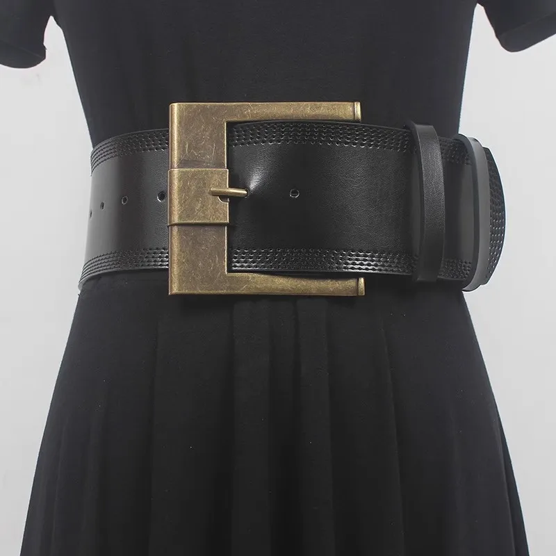 Wholesale Vintage Gold Silver Square Buckle Wide Cowhide Waist Belt for Women Plain Black Coffee Real Cow Leather Ceinture Femme