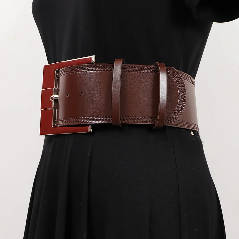 Wholesale Vintage Gold Silver Square Buckle Wide Cowhide Waist Belt for Women Plain Black Coffee Real Cow Leather Ceinture Femme