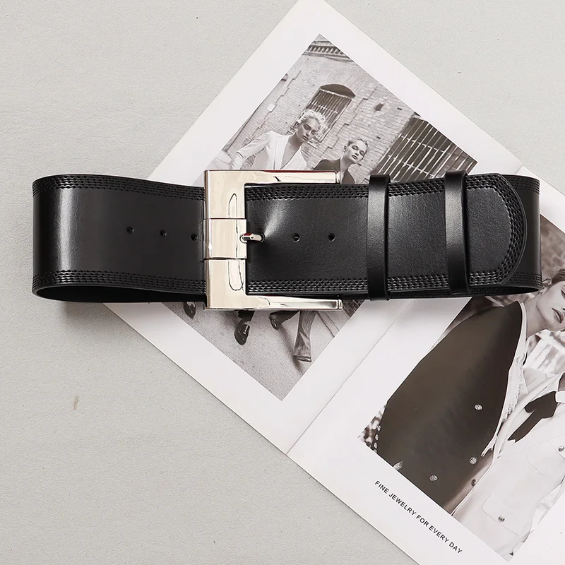 Wholesale Vintage Gold Silver Square Buckle Wide Cowhide Waist Belt for Women Plain Black Coffee Real Cow Leather Ceinture Femme