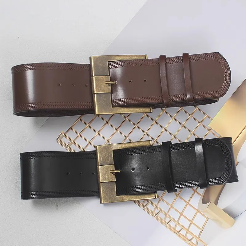 Wholesale Vintage Gold Silver Square Buckle Wide Cowhide Waist Belt for Women Plain Black Coffee Real Cow Leather Ceinture Femme