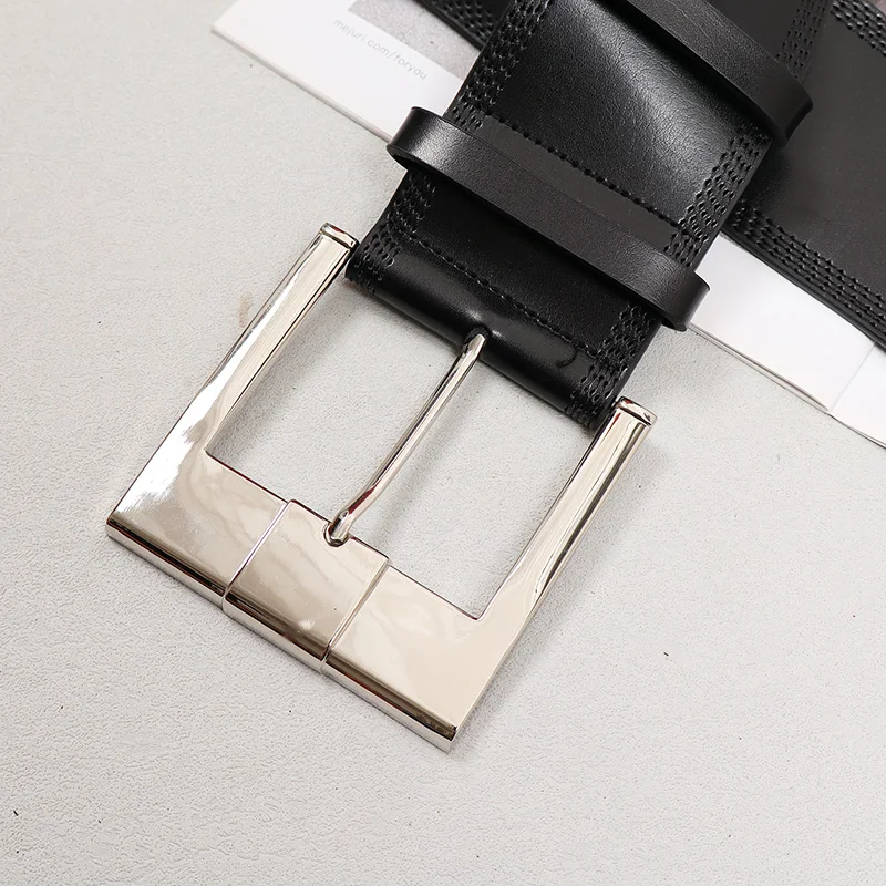 Wholesale Vintage Gold Silver Square Buckle Wide Cowhide Waist Belt for Women Plain Black Coffee Real Cow Leather Ceinture Femme
