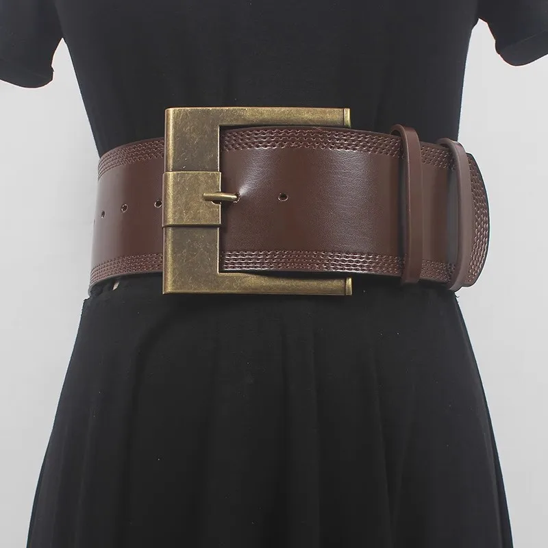 Wholesale Vintage Gold Silver Square Buckle Wide Cowhide Waist Belt for Women Plain Black Coffee Real Cow Leather Ceinture Femme