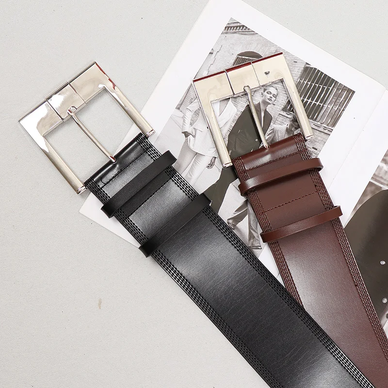 Wholesale Vintage Gold Silver Square Buckle Wide Cowhide Waist Belt for Women Plain Black Coffee Real Cow Leather Ceinture Femme