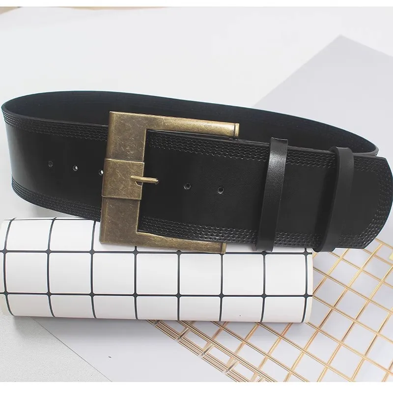 Wholesale Vintage Gold Silver Square Buckle Wide Cowhide Waist Belt for Women Plain Black Coffee Real Cow Leather Ceinture Femme