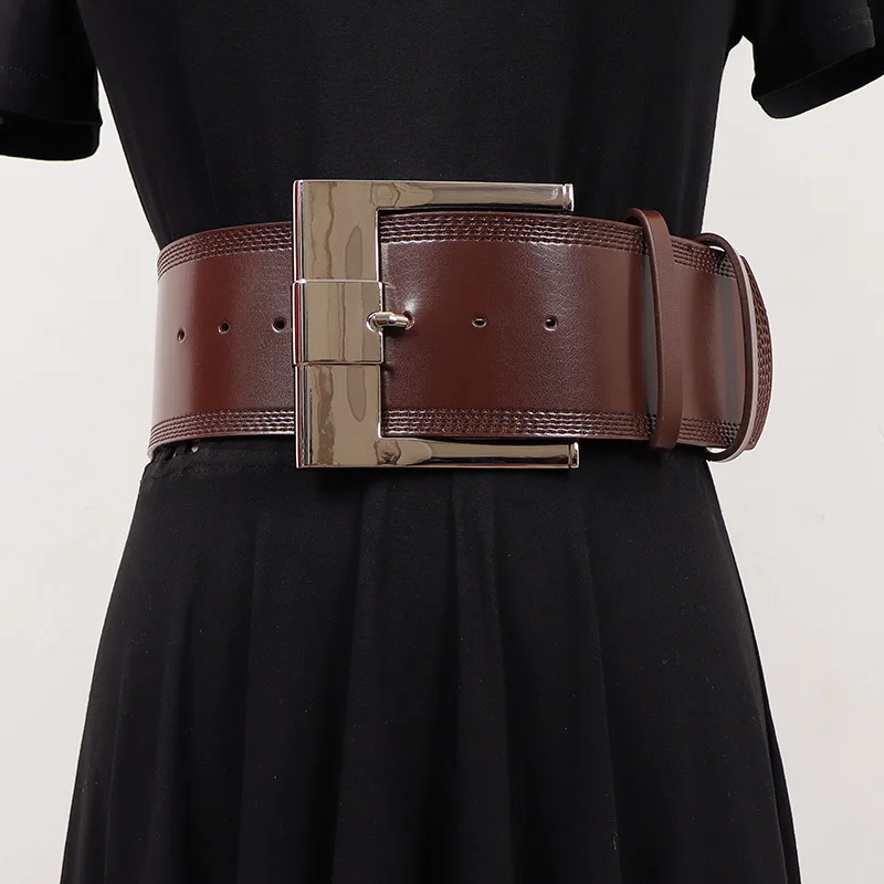 Wholesale Vintage Gold Silver Square Buckle Wide Cowhide Waist Belt for Women Plain Black Coffee Real Cow Leather Ceinture Femme