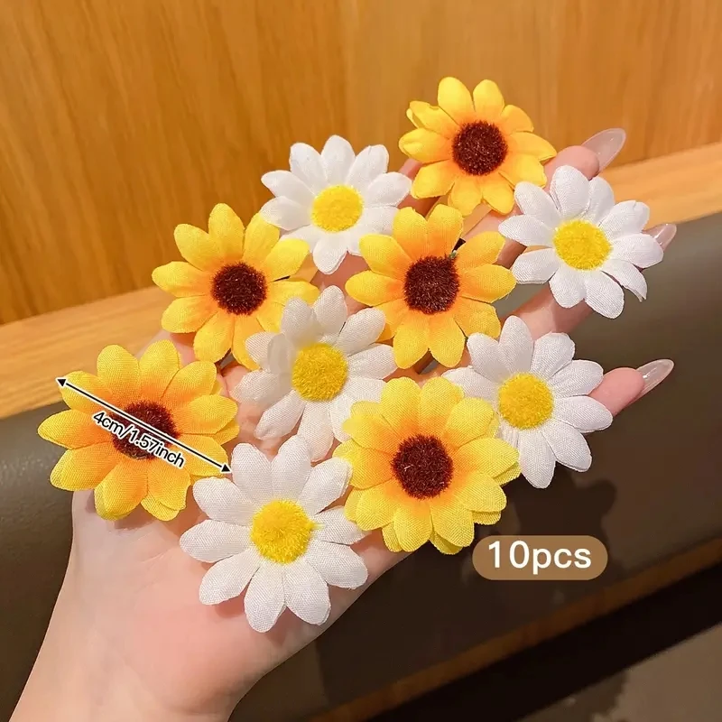 10pcs Girl Hair Clips Daisy and Sunflower Designs Mixed Color Polyester Flower Hair Accessories for Daily Casual Wear Hairpin