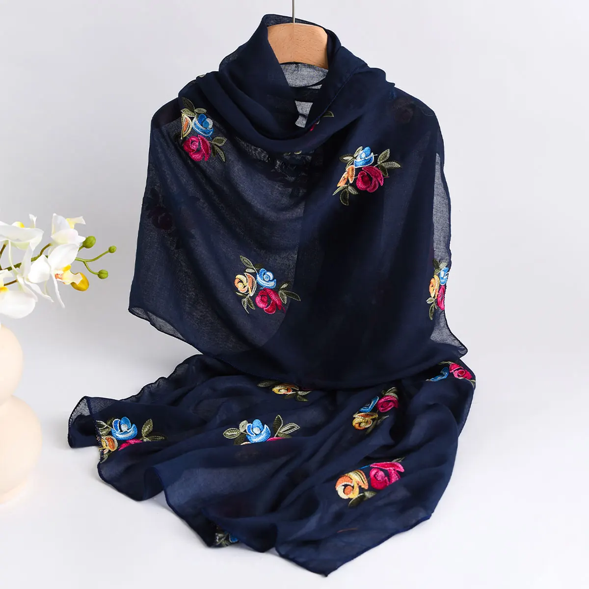 Spring and Summer Lightweight Breathable Cotton and Linen Embroidery Scarf Ethnic Style Fashionable Soft Women's Sunscreen Scarf