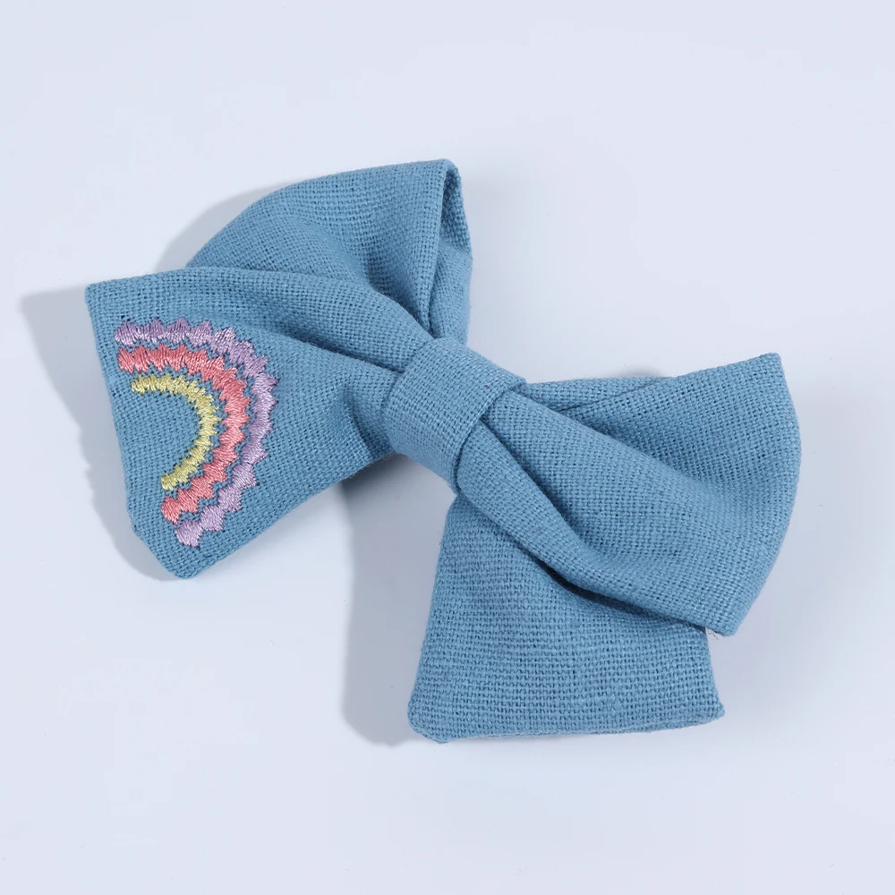 2Pcs Sky Blue Hairpins With Embroidered Rainbow Bow Handmade Pinches Girl Hair Clips Children School Party Accessories Headwear
