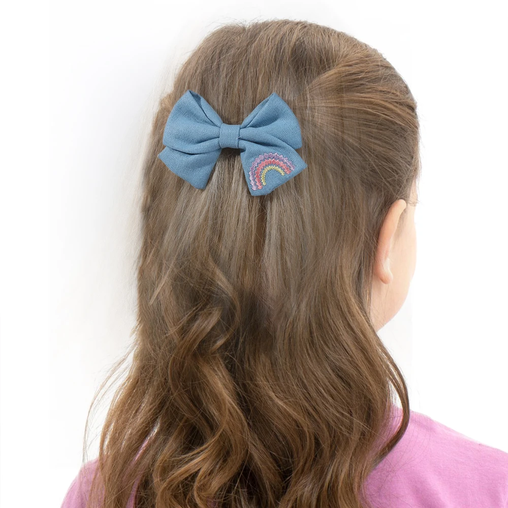 2Pcs Sky Blue Hairpins With Embroidered Rainbow Bow Handmade Pinches Girl Hair Clips Children School Party Accessories Headwear
