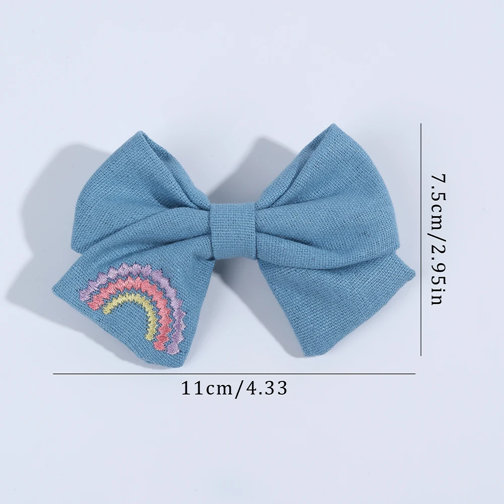 2Pcs Sky Blue Hairpins With Embroidered Rainbow Bow Handmade Pinches Girl Hair Clips Children School Party Accessories Headwear