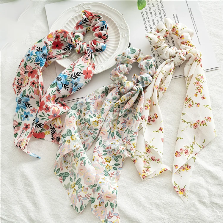 Fashion Pastoralism Print Long Ribbon Scrunchies Hair Ribbon For Women Elastic Hairband Girl Horsetail Hair Ties Hair Accessorie