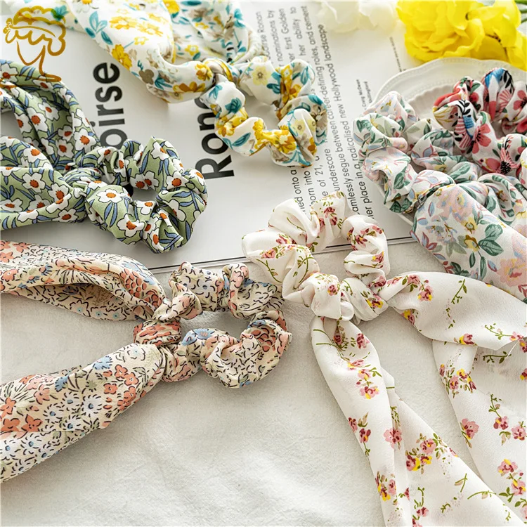 Fashion Pastoralism Print Long Ribbon Scrunchies Hair Ribbon For Women Elastic Hairband Girl Horsetail Hair Ties Hair Accessorie