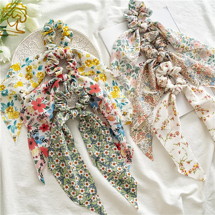 Fashion Pastoralism Print Long Ribbon Scrunchies Hair Ribbon For Women Elastic Hairband Girl Horsetail Hair Ties Hair Accessorie
