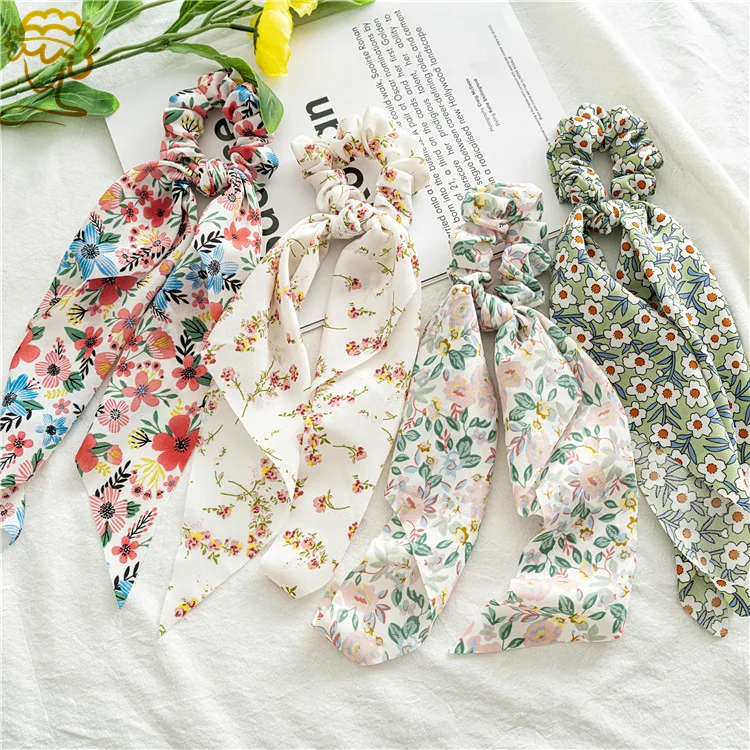 Fashion Pastoralism Print Long Ribbon Scrunchies Hair Ribbon For Women Elastic Hairband Girl Horsetail Hair Ties Hair Accessorie