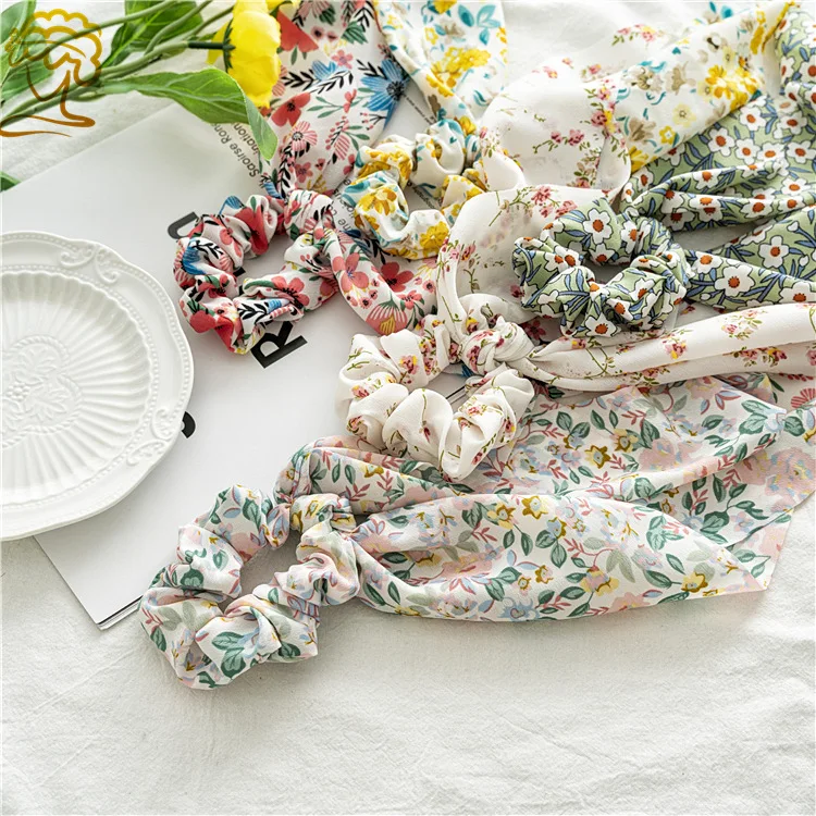 Fashion Pastoralism Print Long Ribbon Scrunchies Hair Ribbon For Women Elastic Hairband Girl Horsetail Hair Ties Hair Accessorie