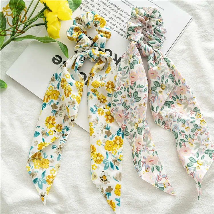 Fashion Pastoralism Print Long Ribbon Scrunchies Hair Ribbon For Women Elastic Hairband Girl Horsetail Hair Ties Hair Accessorie