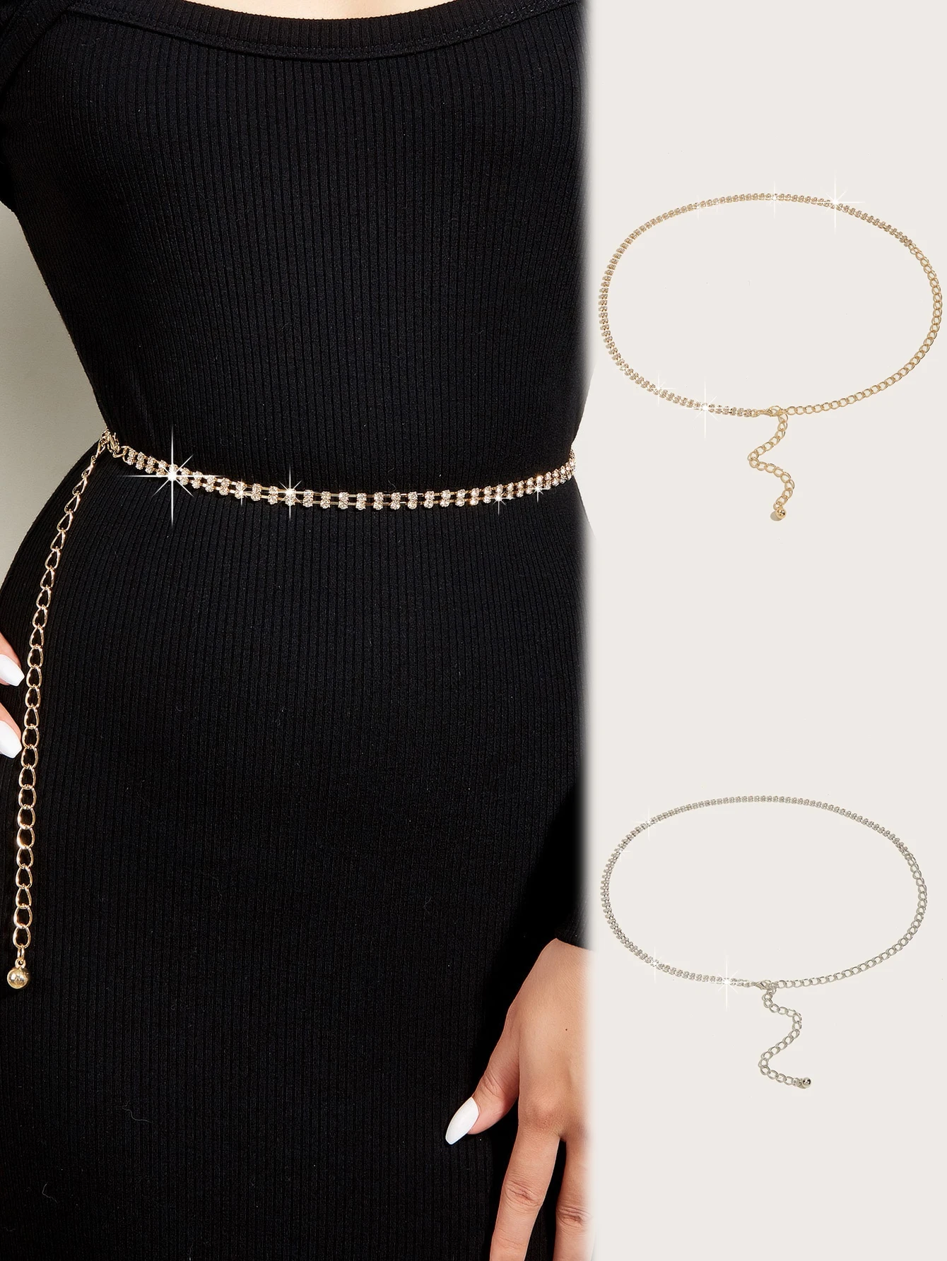 1Pcs Ladies' solid color 2 drainage diamond decorative waist chain Bling Bling Sparkling rhinestone decoration Daily outfit