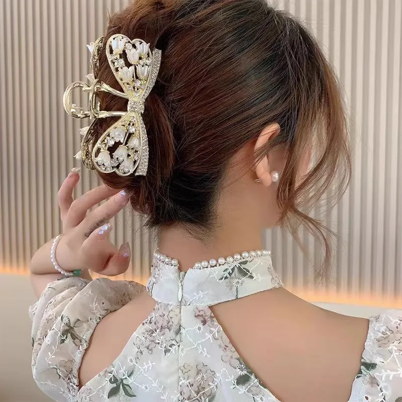 1 Pcs Fashion Linglan Flower Full Diamond Hollow Bow Hair Claws For Women Girls Party Hair Accessories