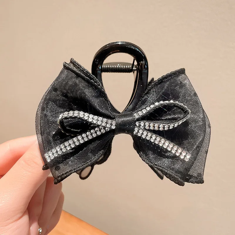 Mesh Bow Rhinestones Hair Clip for Women Elegant Hair Clamp Fashion Girl Ponytail Clip Hair Accessories