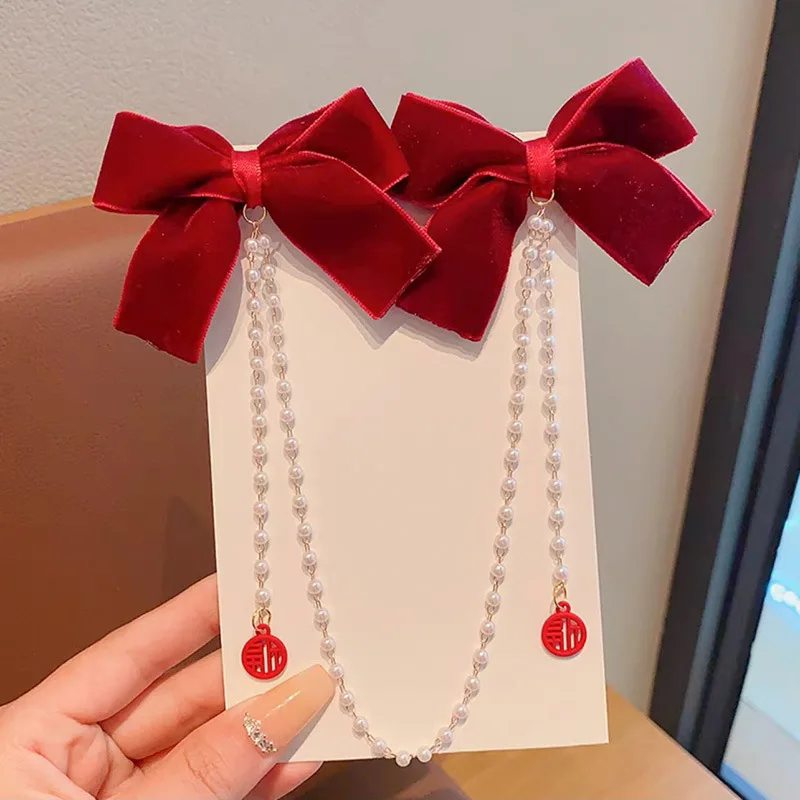 New Elegant Pearl Bow Tassel Hair Clips Women Fashion Solid Velvet Hair Claw Children Princess Hairpins Hair Accessories
