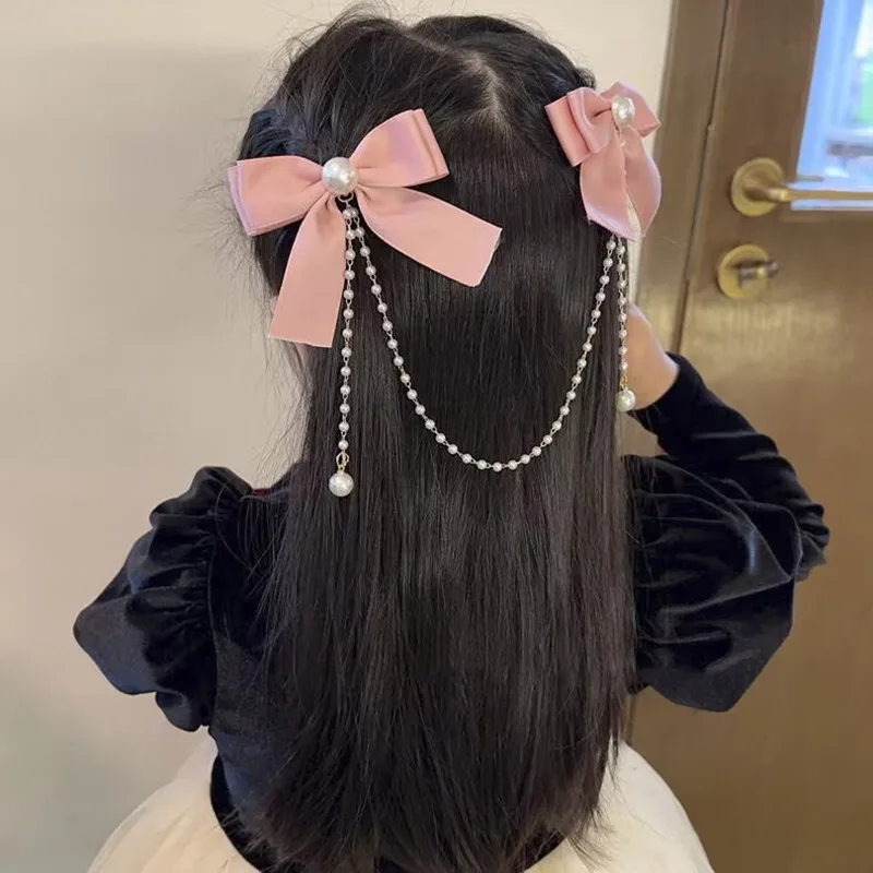 New Elegant Pearl Bow Tassel Hair Clips Women Fashion Solid Velvet Hair Claw Children Princess Hairpins Hair Accessories
