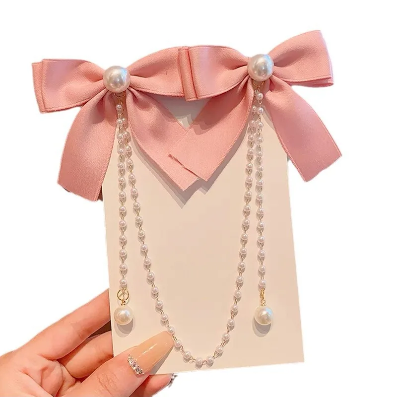 New Elegant Pearl Bow Tassel Hair Clips Women Fashion Solid Velvet Hair Claw Children Princess Hairpins Hair Accessories