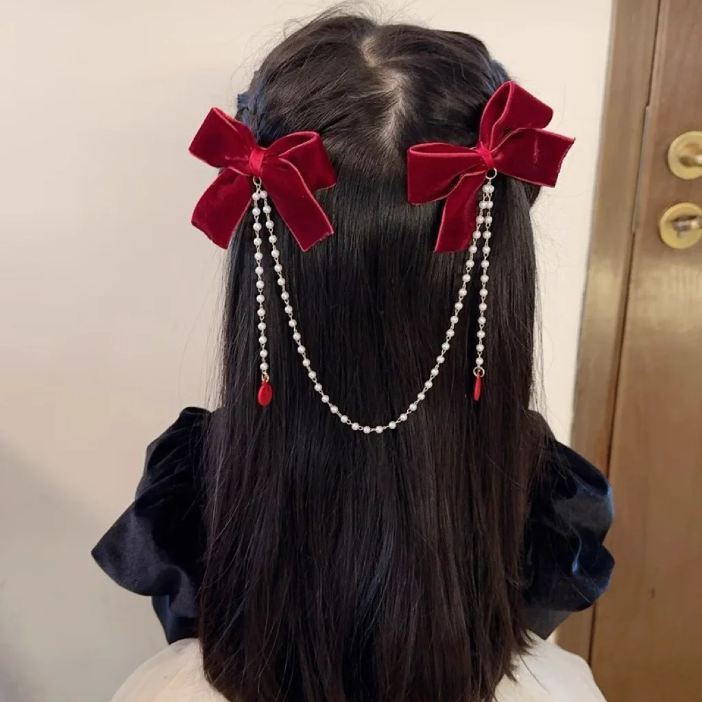 New Elegant Pearl Bow Tassel Hair Clips Women Fashion Solid Velvet Hair Claw Children Princess Hairpins Hair Accessories