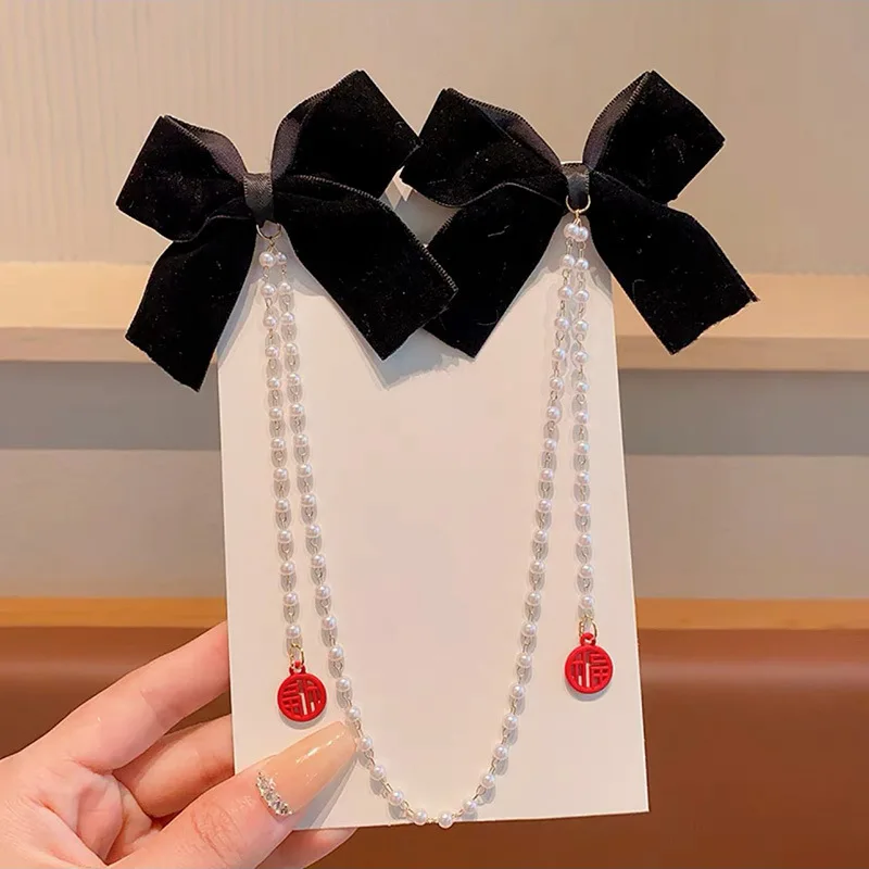 New Elegant Pearl Bow Tassel Hair Clips Women Fashion Solid Velvet Hair Claw Children Princess Hairpins Hair Accessories