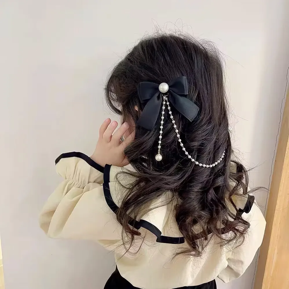 New Elegant Pearl Bow Tassel Hair Clips Women Fashion Solid Velvet Hair Claw Children Princess Hairpins Hair Accessories