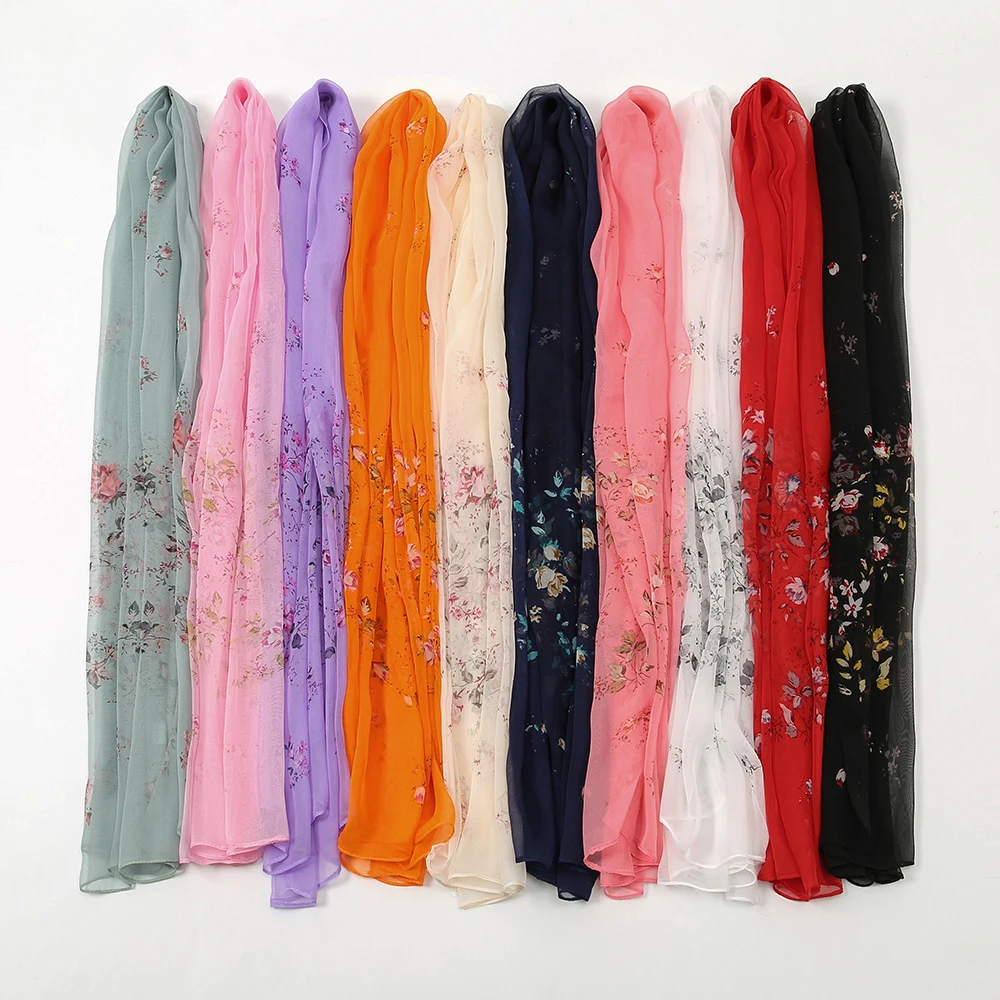 Flower Printed Hijab Georgette Long Scarf For Woman Muslim Shawl Sun Protection Wrap Ladies Beach Headband Wholesale 160*50cm