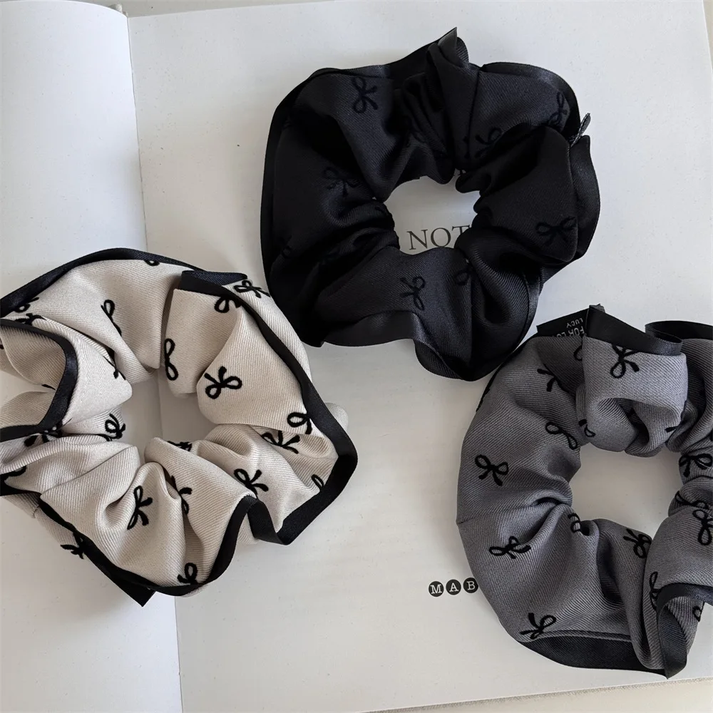 Elegant Bow Printed Scrunchies Women College Student Girls Elastic Hair Bands Black Gray Hair Ropes Fashion Ponytail Headbands