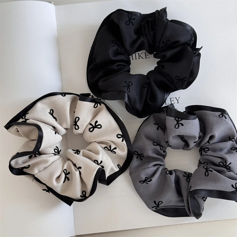 Elegant Bow Printed Scrunchies Women College Student Girls Elastic Hair Bands Black Gray Hair Ropes Fashion Ponytail Headbands