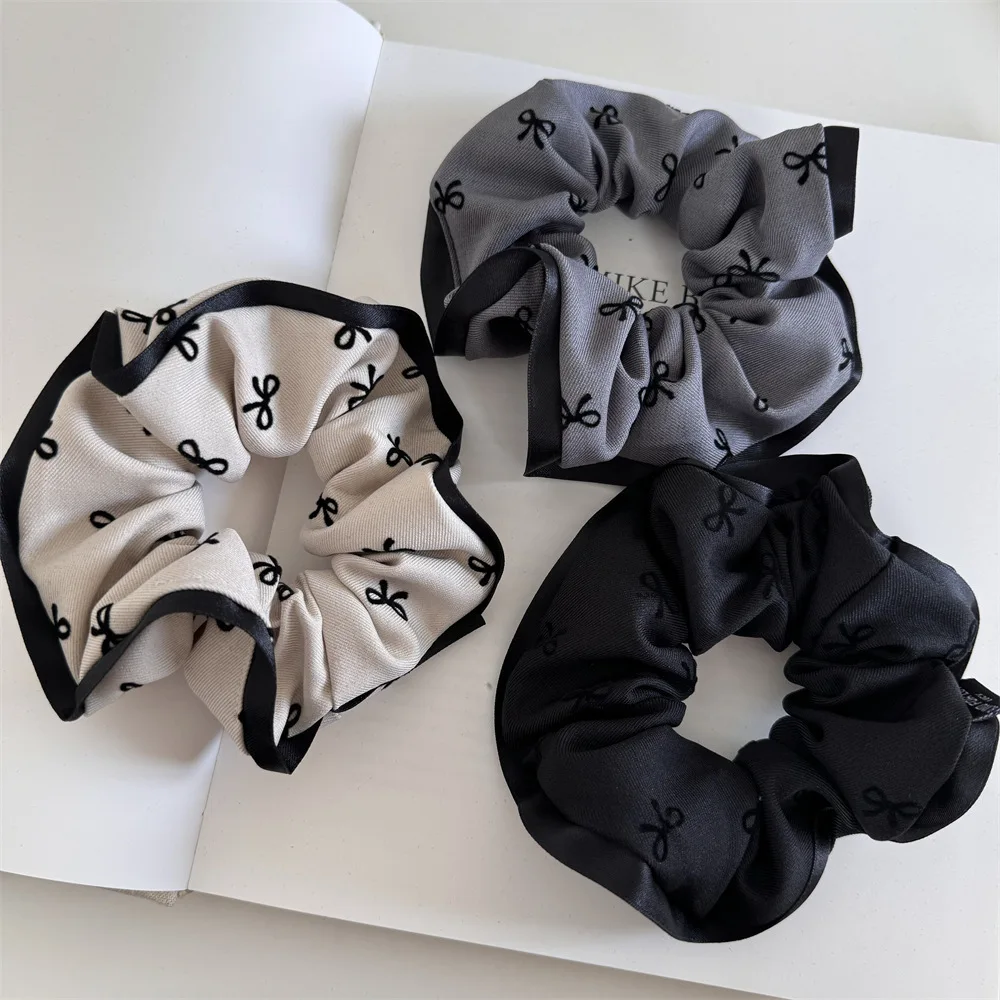 Elegant Bow Printed Scrunchies Women College Student Girls Elastic Hair Bands Black Gray Hair Ropes Fashion Ponytail Headbands