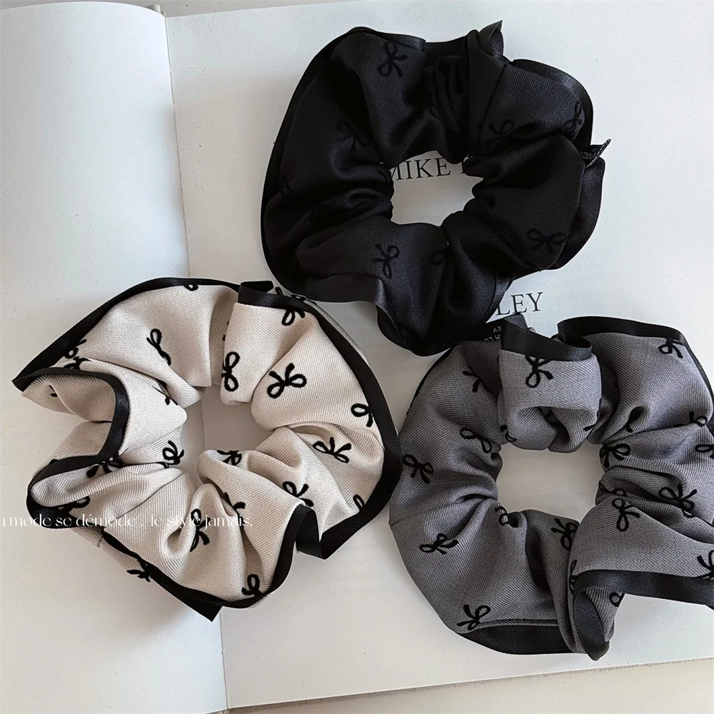 Elegant Bow Printed Scrunchies Women College Student Girls Elastic Hair Bands Black Gray Hair Ropes Fashion Ponytail Headbands