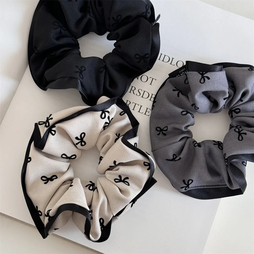 Elegant Bow Printed Scrunchies Women College Student Girls Elastic Hair Bands Black Gray Hair Ropes Fashion Ponytail Headbands