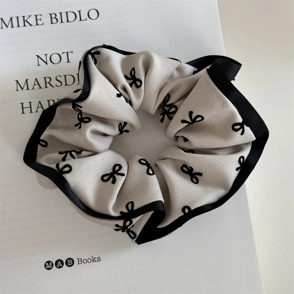 Elegant Bow Printed Scrunchies Women College Student Girls Elastic Hair Bands Black Gray Hair Ropes Fashion Ponytail Headbands