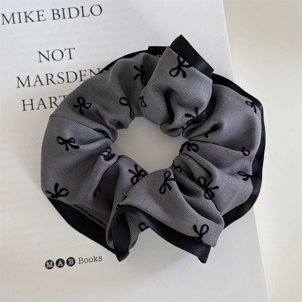 Elegant Bow Printed Scrunchies Women College Student Girls Elastic Hair Bands Black Gray Hair Ropes Fashion Ponytail Headbands